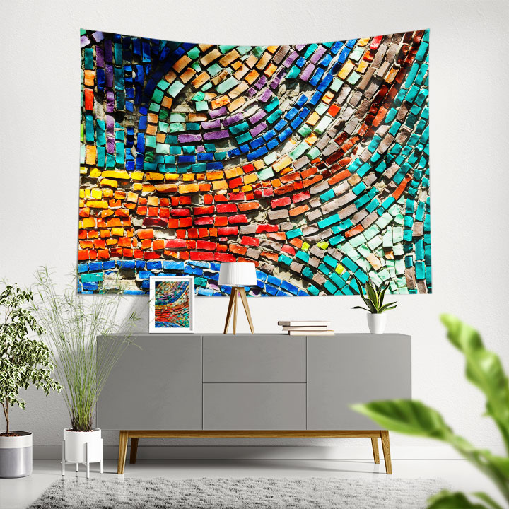 Renkli Mozaik Desenli Sanatsal Duvar Örtüsü Kumaş Baskı 5598