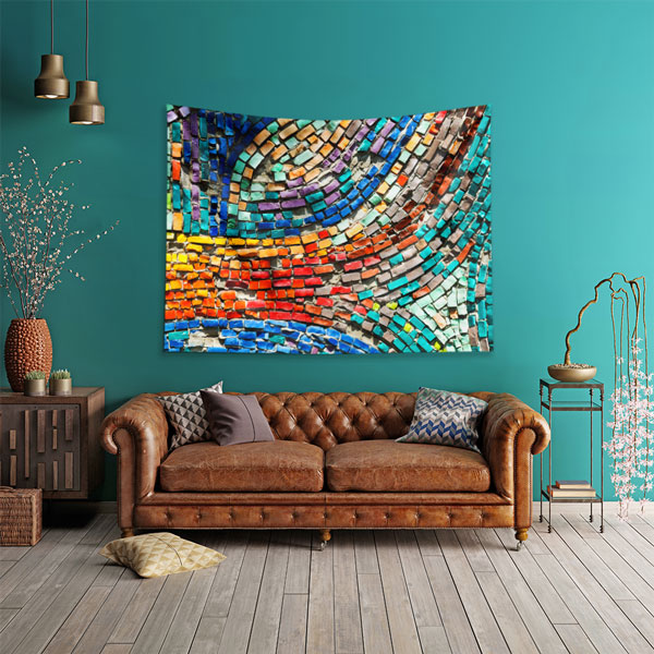 Renkli Mozaik Desenli Sanatsal Duvar Örtüsü Kumaş Baskı 5598