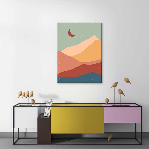 minimal-canvas-art-13962-01 Minimal Dağ Silüeti ve Kızıl Ay Duvar Tablosu 13962