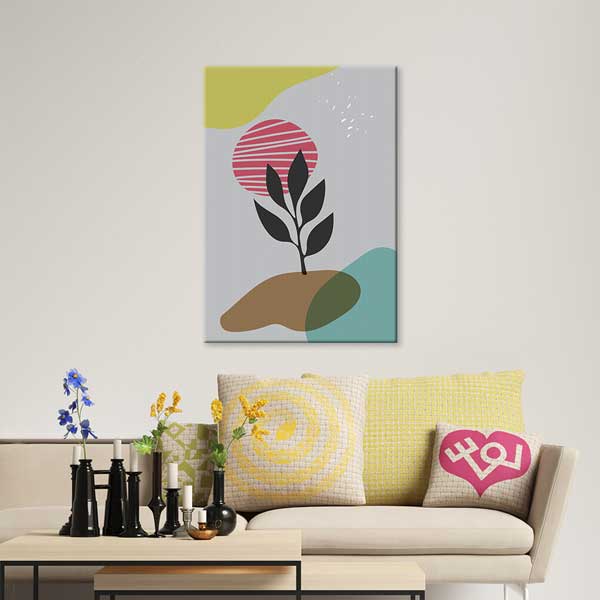 Çizgili Pembe Güneşli Minimal Bitki Kanvas Tablo 13981