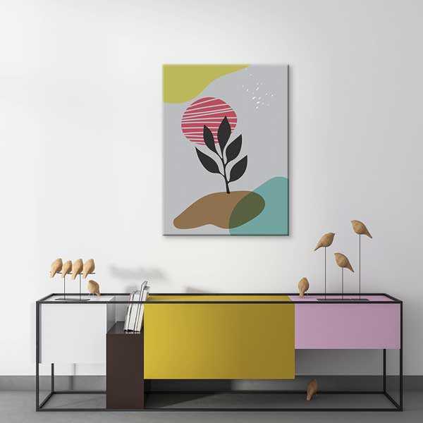 Çizgili Pembe Güneşli Minimal Bitki Kanvas Tablo 13981