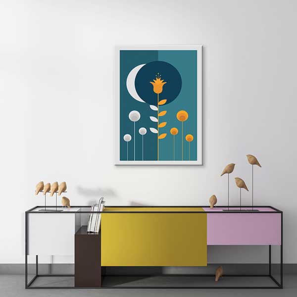 Ay ve Çiçek Figürlü Gece Temalı Minimal Kanvas Tablo 13989