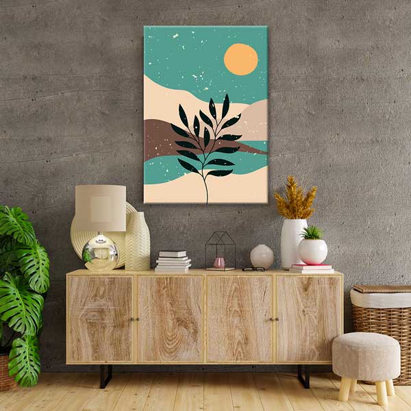 Minimal Güneş ve Yaprak Silüeti Duvar Tablosu 13945