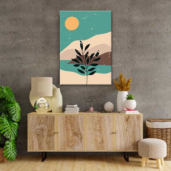 Minimal Güneş ve Yaprak Kompozisyonlu Duvar Tablosu 13944
