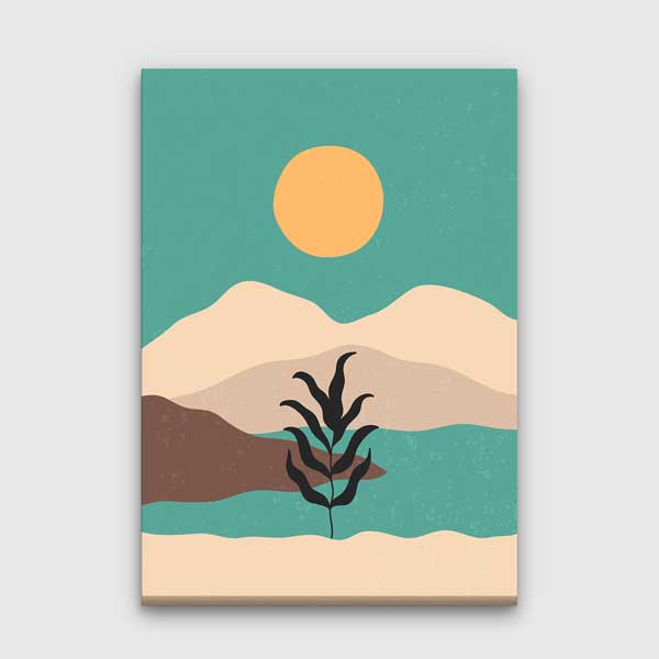 Minimal Güneşli Dağ ve Bitki Kompozisyonlu Duvar Tablosu 13968
