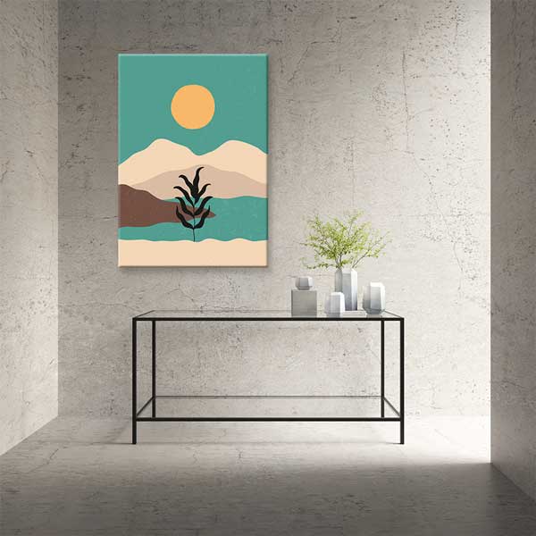 minimal-wall-decor-13968-01 Minimal Güneşli Dağ ve Bitki Kompozisyonlu Duvar Tablosu 13968