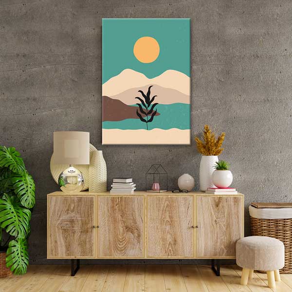 minimal-wall-decor-13968-02 Minimal Güneşli Dağ ve Bitki Kompozisyonlu Duvar Tablosu 13968