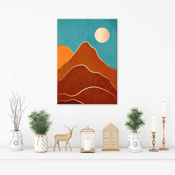 Turkuaz Gökyüzü ve Güneşli Soyut Dağ Minimal Kanvas Tablo 13985