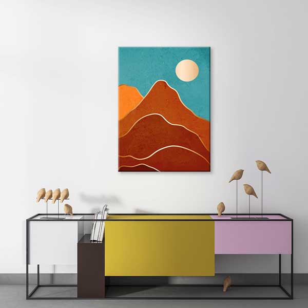 Turkuaz Gökyüzü ve Güneşli Soyut Dağ Minimal Kanvas Tablo 13985