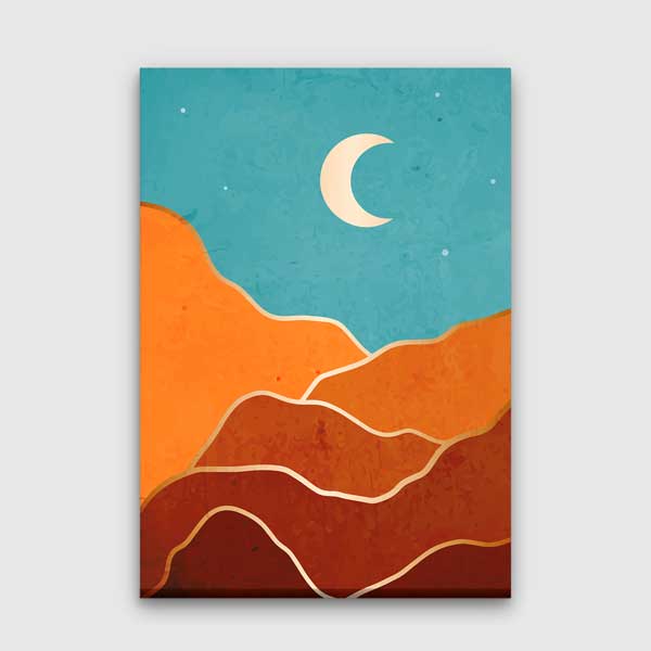 Turkuaz Gökyüzü ve Hilalli Soyut Dağ Minimal Kanvas Tablo 13984