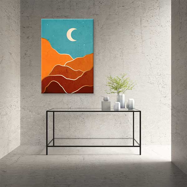 Turkuaz Gökyüzü ve Hilalli Soyut Dağ Minimal Kanvas Tablo 13984