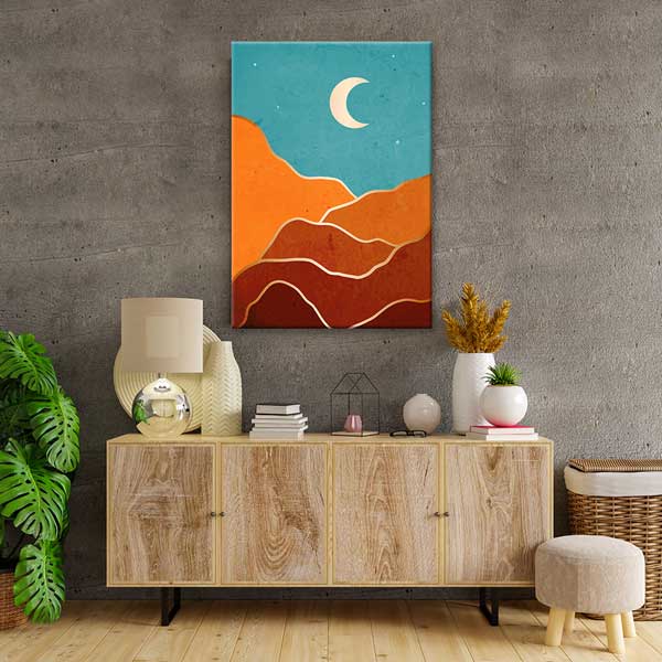 Turkuaz Gökyüzü ve Hilalli Soyut Dağ Minimal Kanvas Tablo 13984
