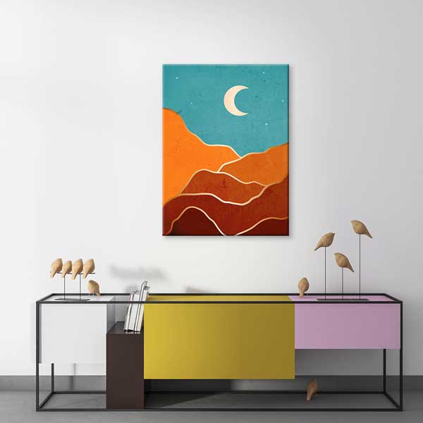 Turkuaz Gökyüzü ve Hilalli Soyut Dağ Minimal Kanvas Tablo 13984