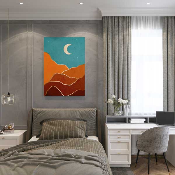 Turkuaz Gökyüzü ve Hilalli Soyut Dağ Minimal Kanvas Tablo 13984