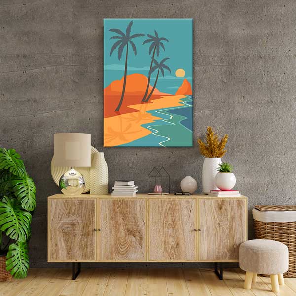 Palmiye Ağaçlı Sahil Manzarası Minimal Kanvas Tablo 13986