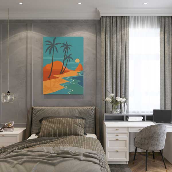 Palmiye Ağaçlı Sahil Manzarası Minimal Kanvas Tablo 13986