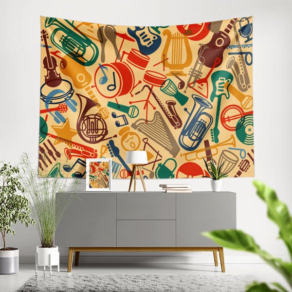 Retro Müzik Enstrümanları Desenli Duvar Örtüsü 8268