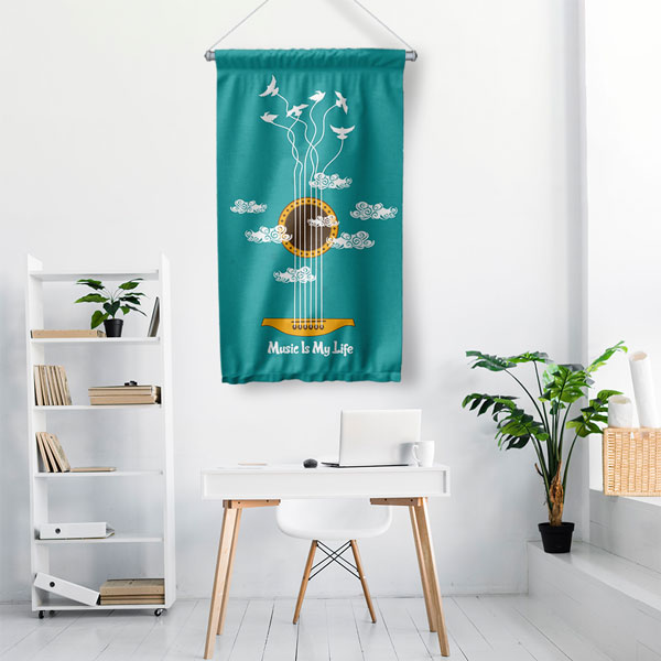 "Music Is My Life" Gitar ve Kuş Temalı Duvar Flaması 8056