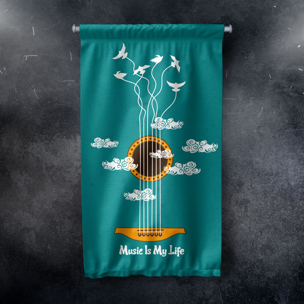 "Music Is My Life" Gitar ve Kuş Temalı Duvar Flaması 8056