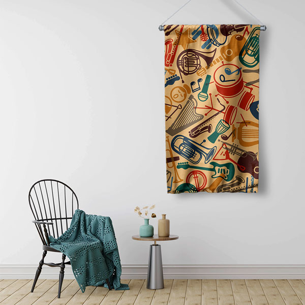 Retro Müzik Enstrümanları Desenli Duvar Flaması 8058