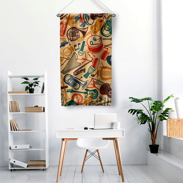 Retro Müzik Enstrümanları Desenli Duvar Flaması 8058