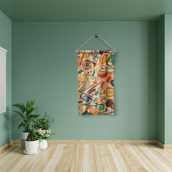 Retro Müzik Enstrümanları Desenli Duvar Flaması 8058