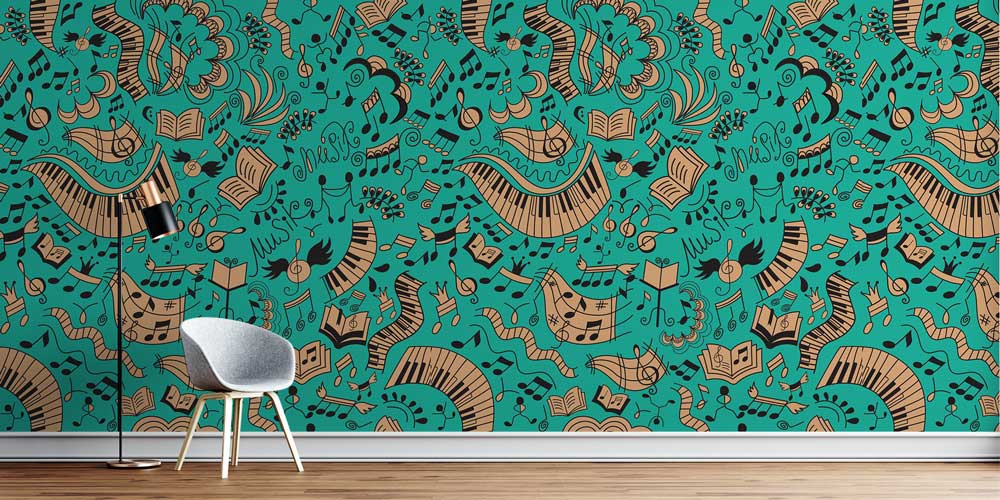 Müzik Enstrümanları ve Notalar Desenli Duvar Kağıdı 1048