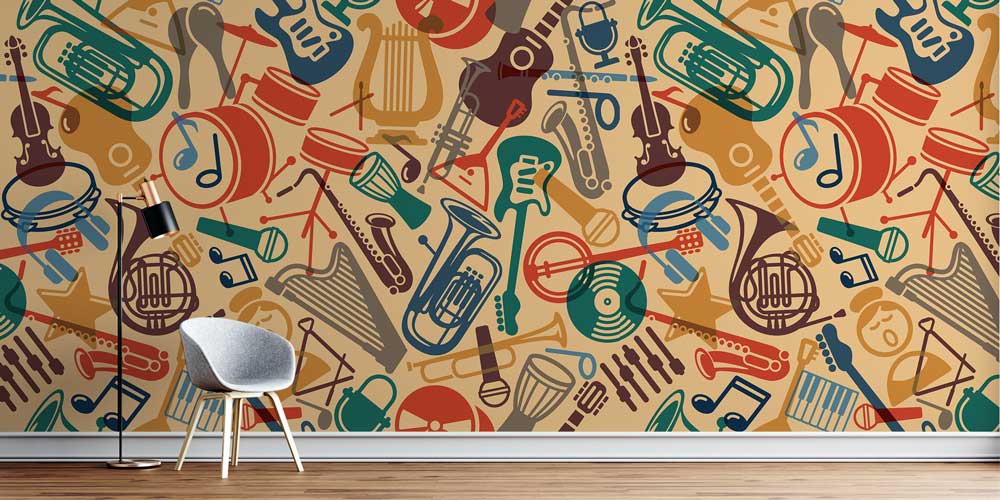 Retro Müzik Enstrümanları Desenli Duvar Kağıdı 1054