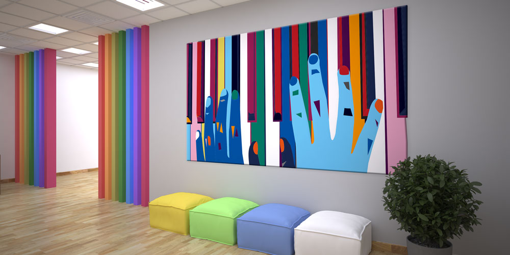 Bu büyük ebatlı duvar dekoru renkli piyano tuşları 7973