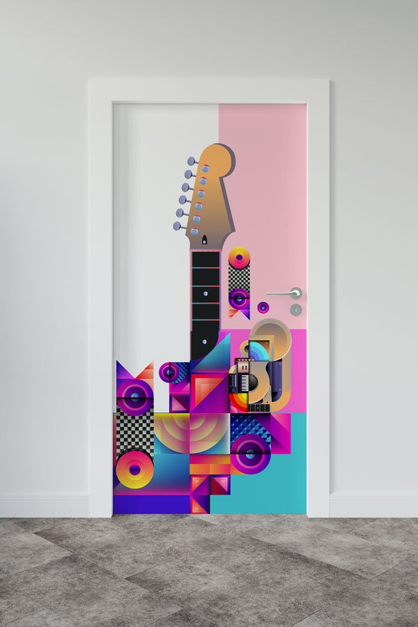 Geometrik Gitar Desenli Müzik Sınıfı Kapı Giydirme 8879