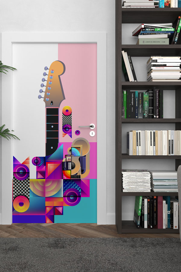 Geometrik Gitar Desenli Müzik Sınıfı Kapı Giydirme 8879
