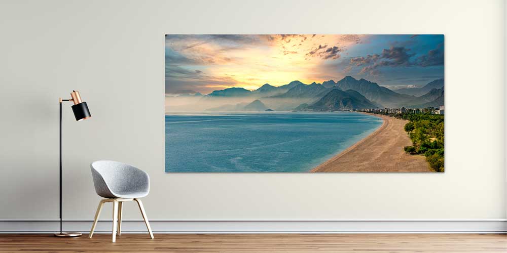 Dağ Silüetli Gün Batımı ve Kıyı Manzaralı Büyük Ebat Duvar Dekor Ürünü 11902