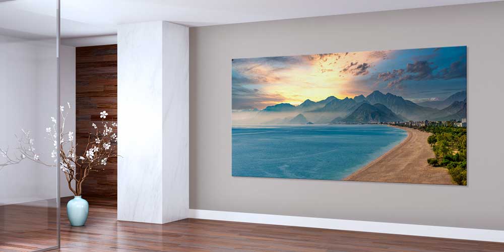 Dağ Silüetli Gün Batımı ve Kıyı Manzaralı Büyük Ebat Duvar Dekor Ürünü 11902