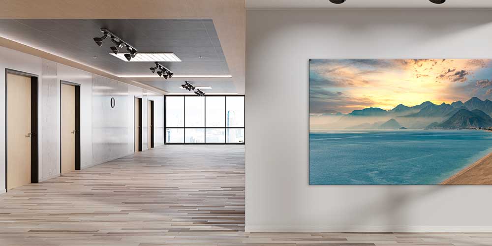 Dağ Silüetli Gün Batımı ve Kıyı Manzaralı Büyük Ebat Duvar Dekor Ürünü 11902
