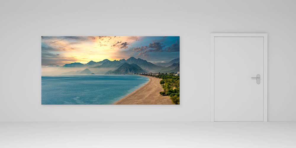 Dağ Silüetli Gün Batımı ve Kıyı Manzaralı Büyük Ebat Duvar Dekor Ürünü 11902