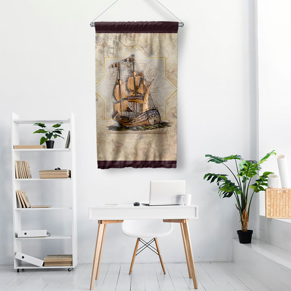 Dikey Vintage Gemi Haritası Duvar Flaması 11142