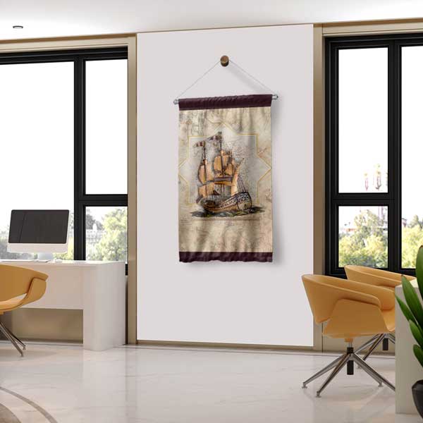 Dikey Vintage Gemi Haritası Duvar Flaması 11142