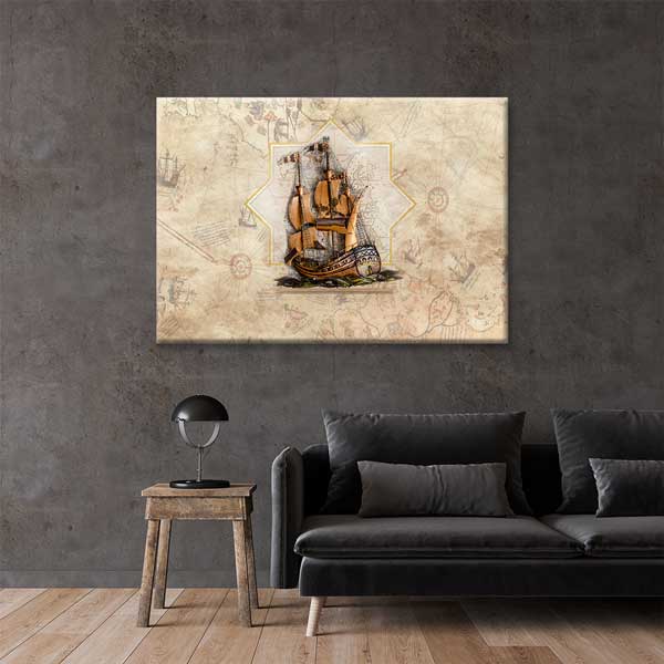 Antik Haritalı Yelkenli Gemi Kanvas Dekor – 11199