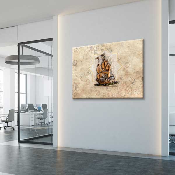 Antik Haritalı Yelkenli Gemi Kanvas Dekor – 11199