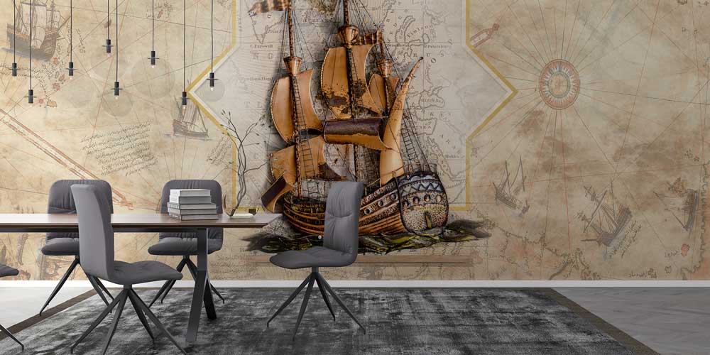 Antik Harita ve Yelkenli Gemi Duvar Kağıdı 10941