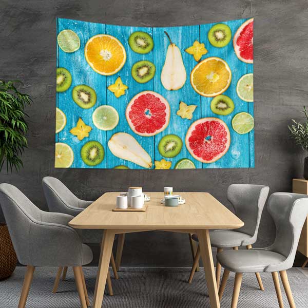 Mavi Zemin Üzerinde Narenciye Meyveleri Desenli Sağlıklı Beslenme Duvar Örtüsü Kumaş Baskı 12588