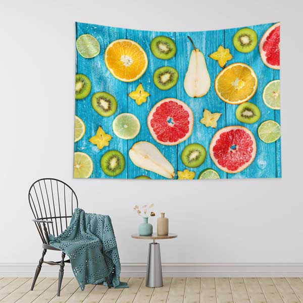 Mavi Zemin Üzerinde Narenciye Meyveleri Desenli Sağlıklı Beslenme Duvar Örtüsü Kumaş Baskı 12588