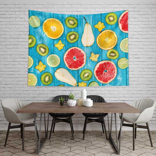 Mavi Zemin Üzerinde Narenciye Meyveleri Desenli Sağlıklı Beslenme Duvar Örtüsü Kumaş Baskı 12588