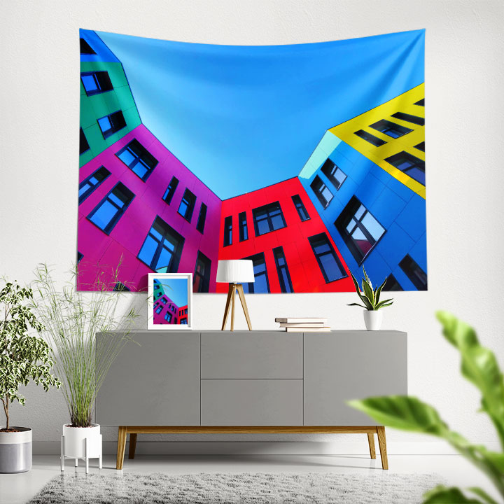 Renkli Modern Bina Cepheli Gökyüzü Temalı Duvar Örtüsü Kumaş Baskı 5600