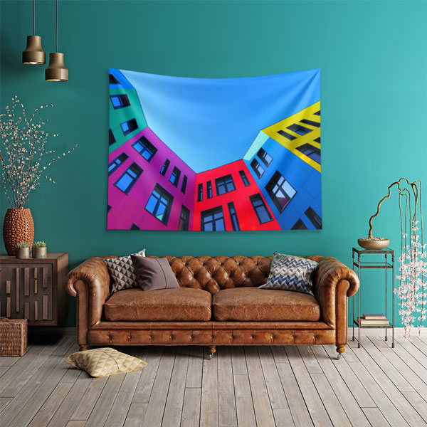 Renkli Modern Bina Cepheli Gökyüzü Temalı Duvar Örtüsü Kumaş Baskı 5600