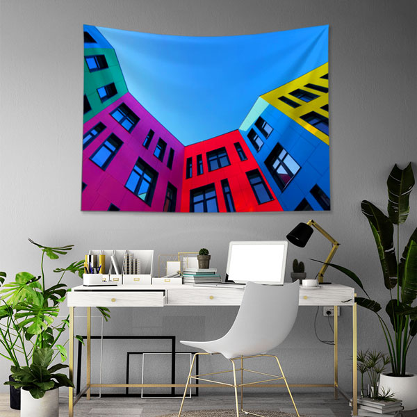 Renkli Modern Bina Cepheli Gökyüzü Temalı Duvar Örtüsü Kumaş Baskı 5600