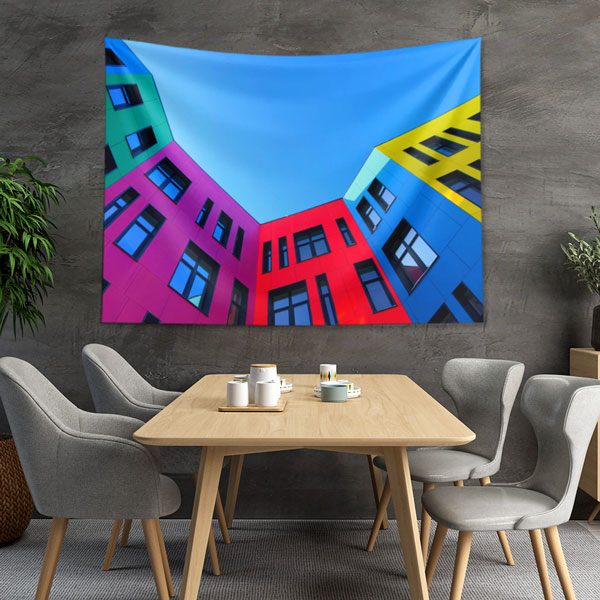 Renkli Modern Bina Cepheli Gökyüzü Temalı Duvar Örtüsü Kumaş Baskı 5600