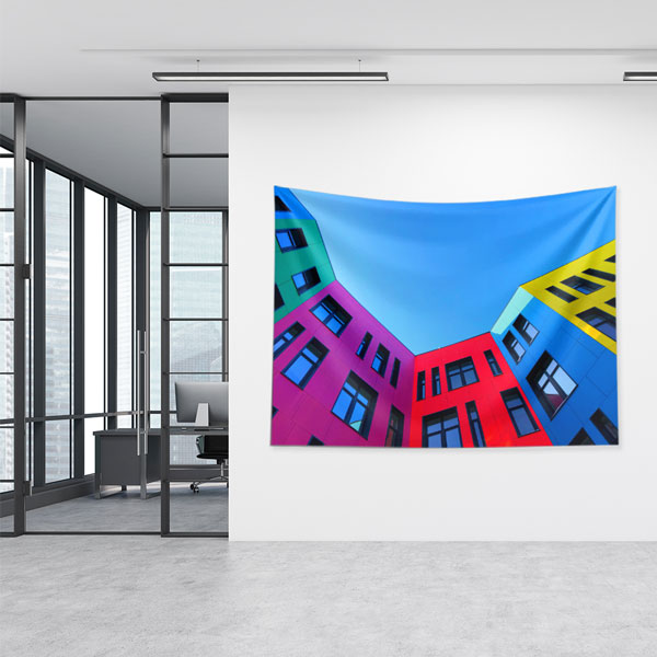 Renkli Modern Bina Cepheli Gökyüzü Temalı Duvar Örtüsü Kumaş Baskı 5600