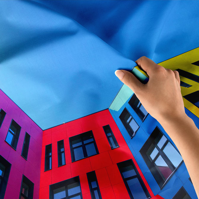 Renkli Modern Bina Cepheli Gökyüzü Temalı Duvar Örtüsü Kumaş Baskı 5600