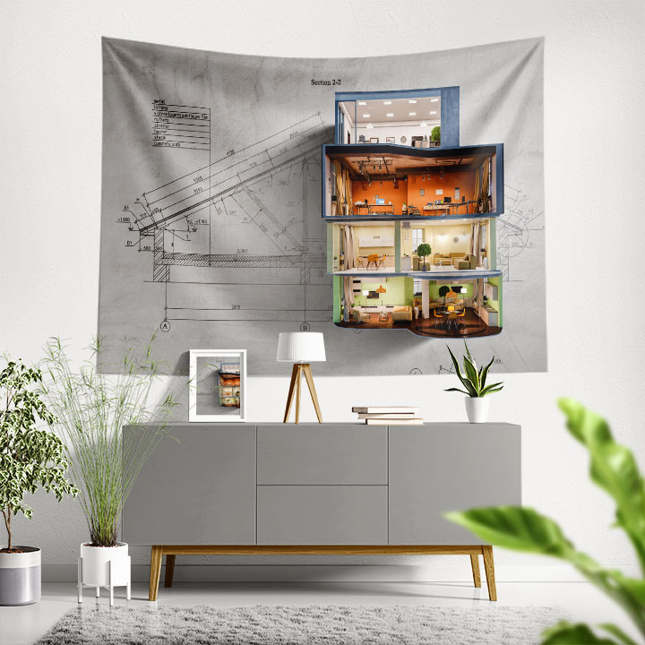 Mimari Oda Tasarımlı Kat Planı Duvar Örtüsü Kumaş Baskı 5601